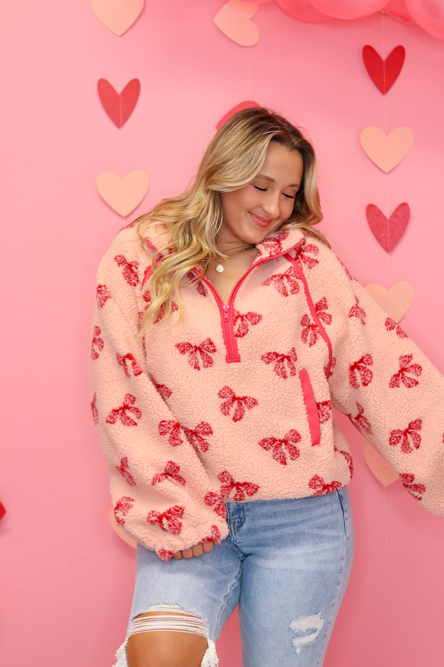 Bow Sherpa Pullover - Pink