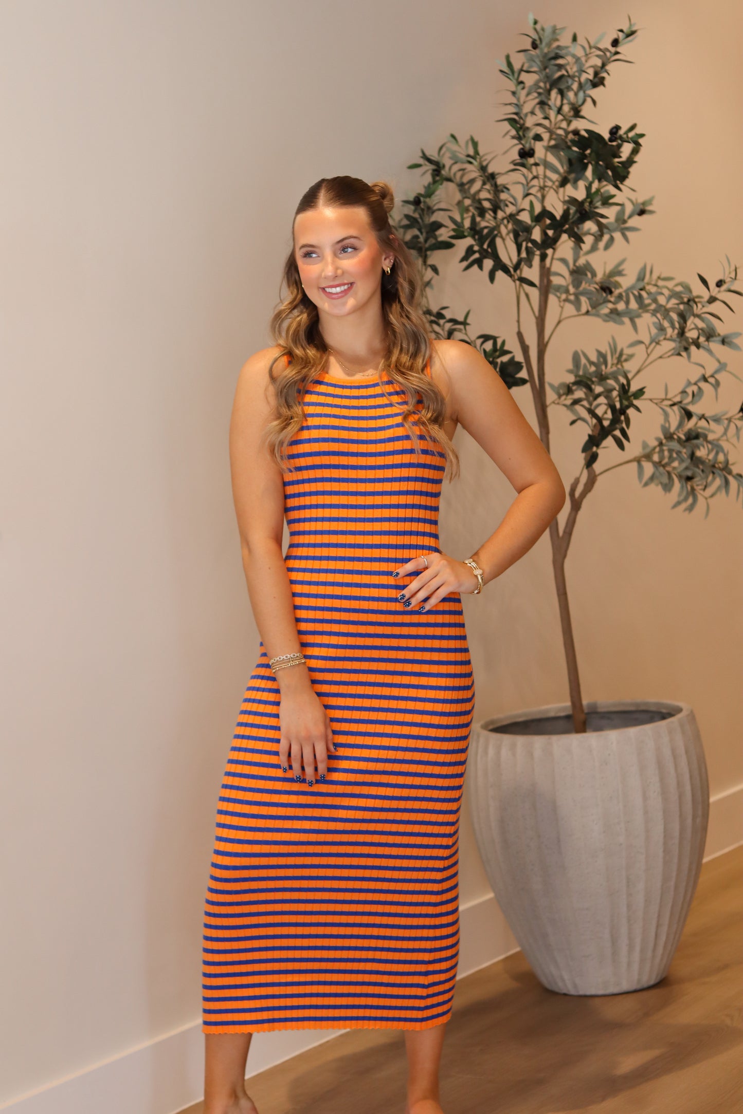 First Down Midi Dress - Orange & Blue
