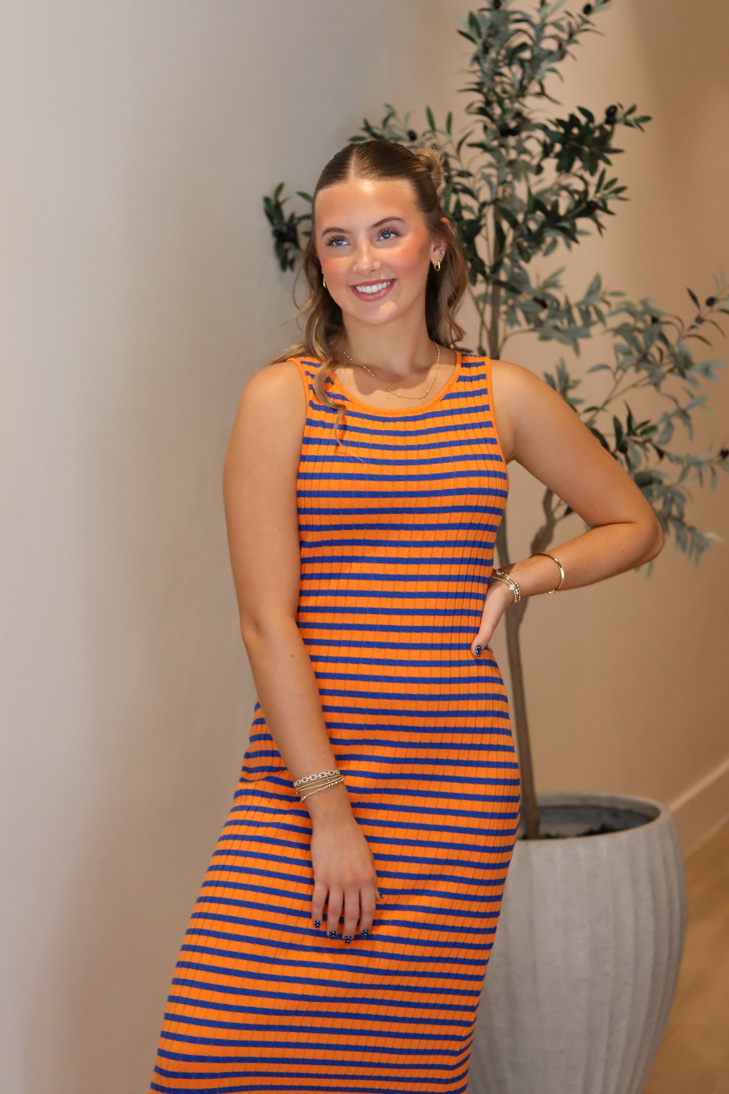 First Down Midi Dress - Orange & Blue
