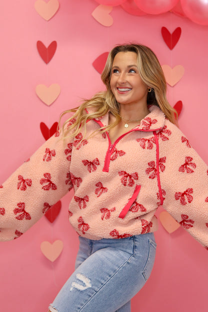 Bow Sherpa Pullover - Pink