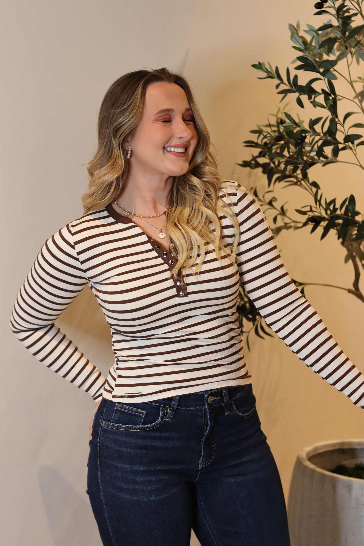 Henley Stripe Knit Top - Cream
