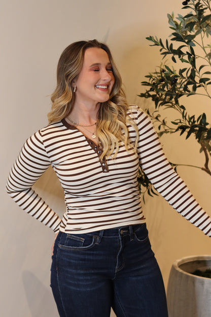 Henley Stripe Knit Top - Cream