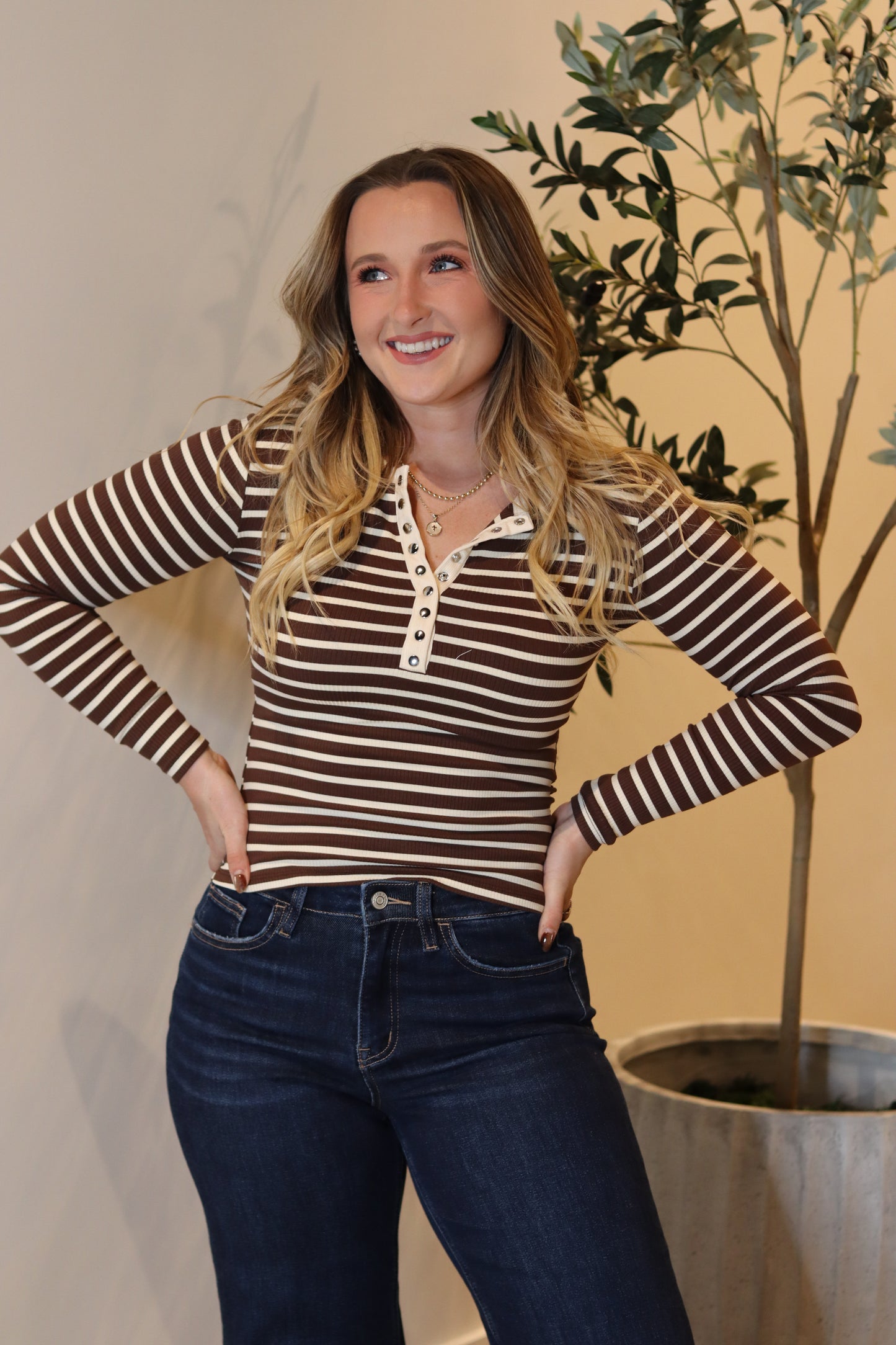 Henley Stripe Knit Top - Chocolate