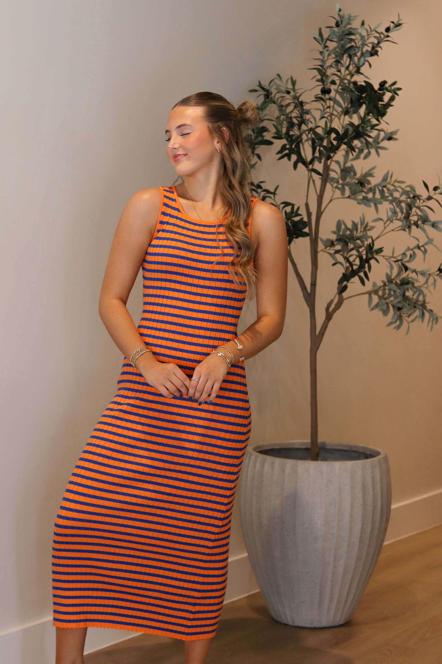 First Down Midi Dress - Orange & Blue