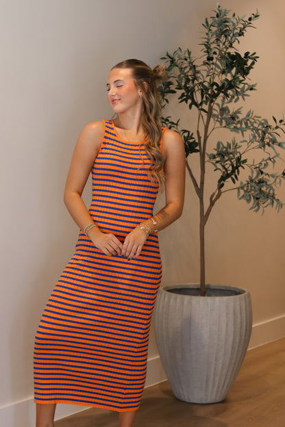 First Down Midi Dress - Orange & Blue