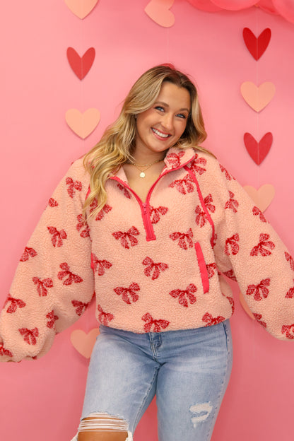 Bow Sherpa Pullover - Pink