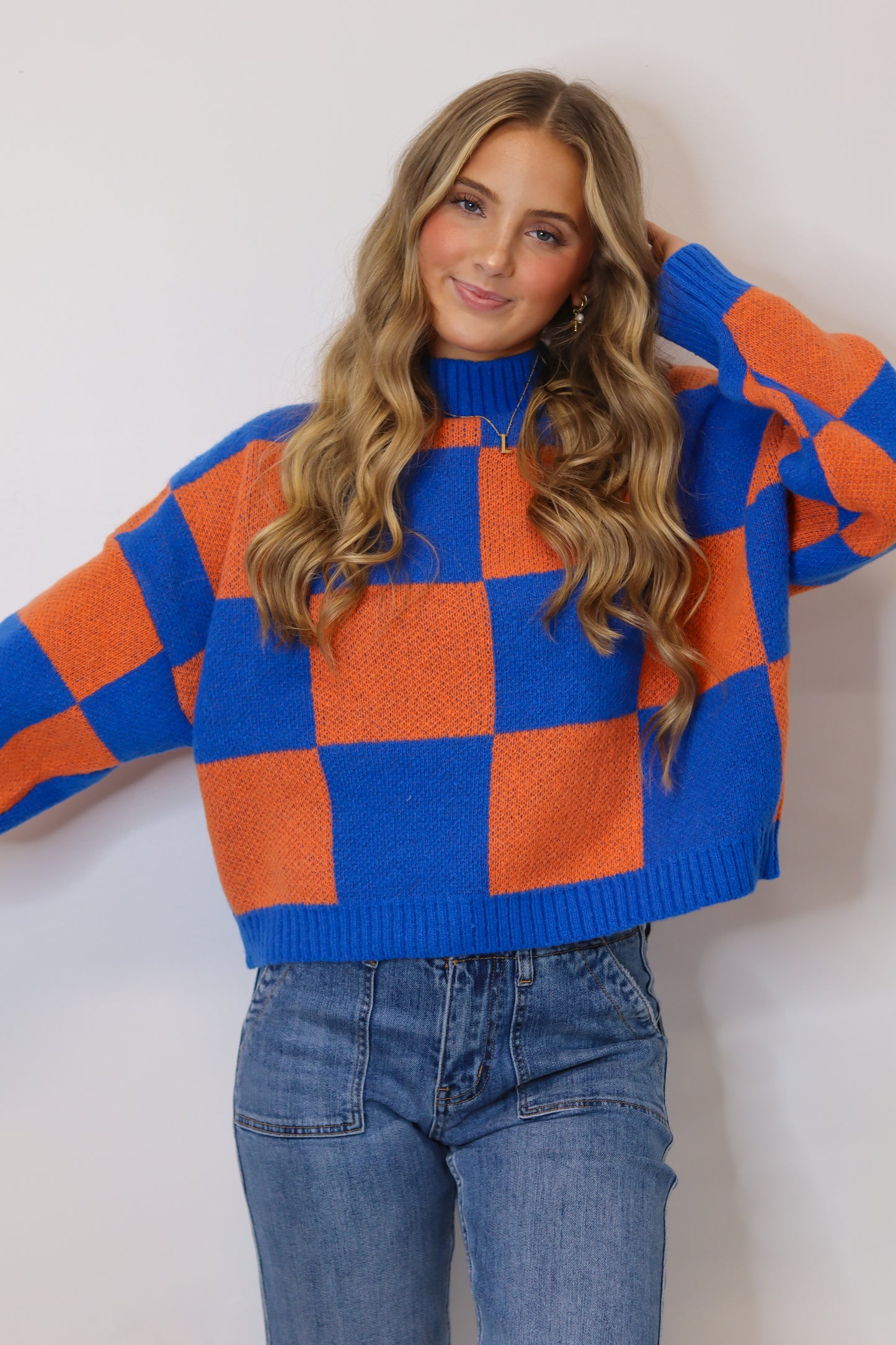 Happy Place Sweater Top - Orange & Blue