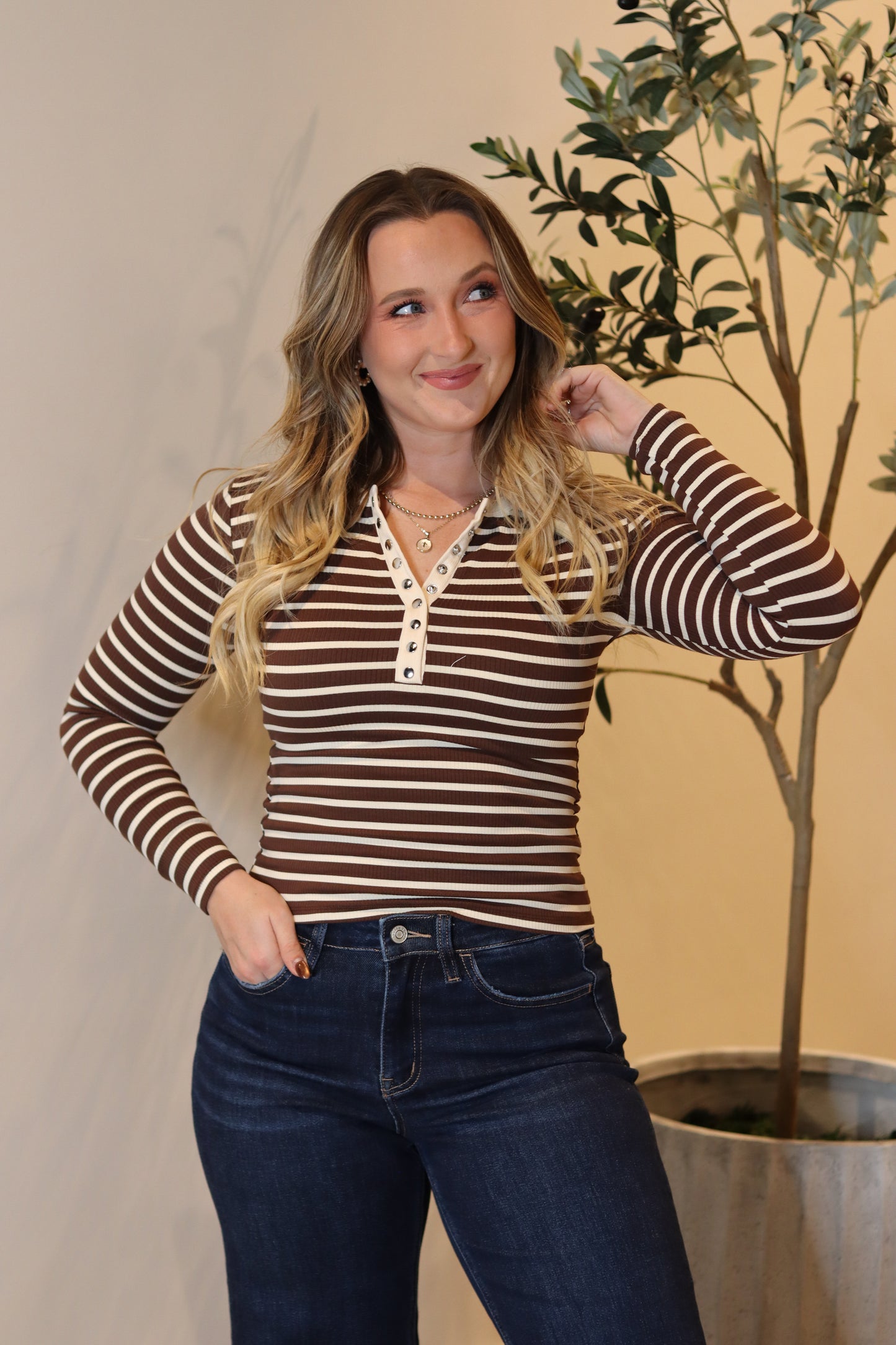 Henley Stripe Knit Top - Chocolate