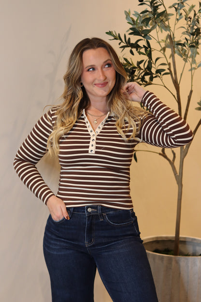 Henley Stripe Knit Top - Chocolate