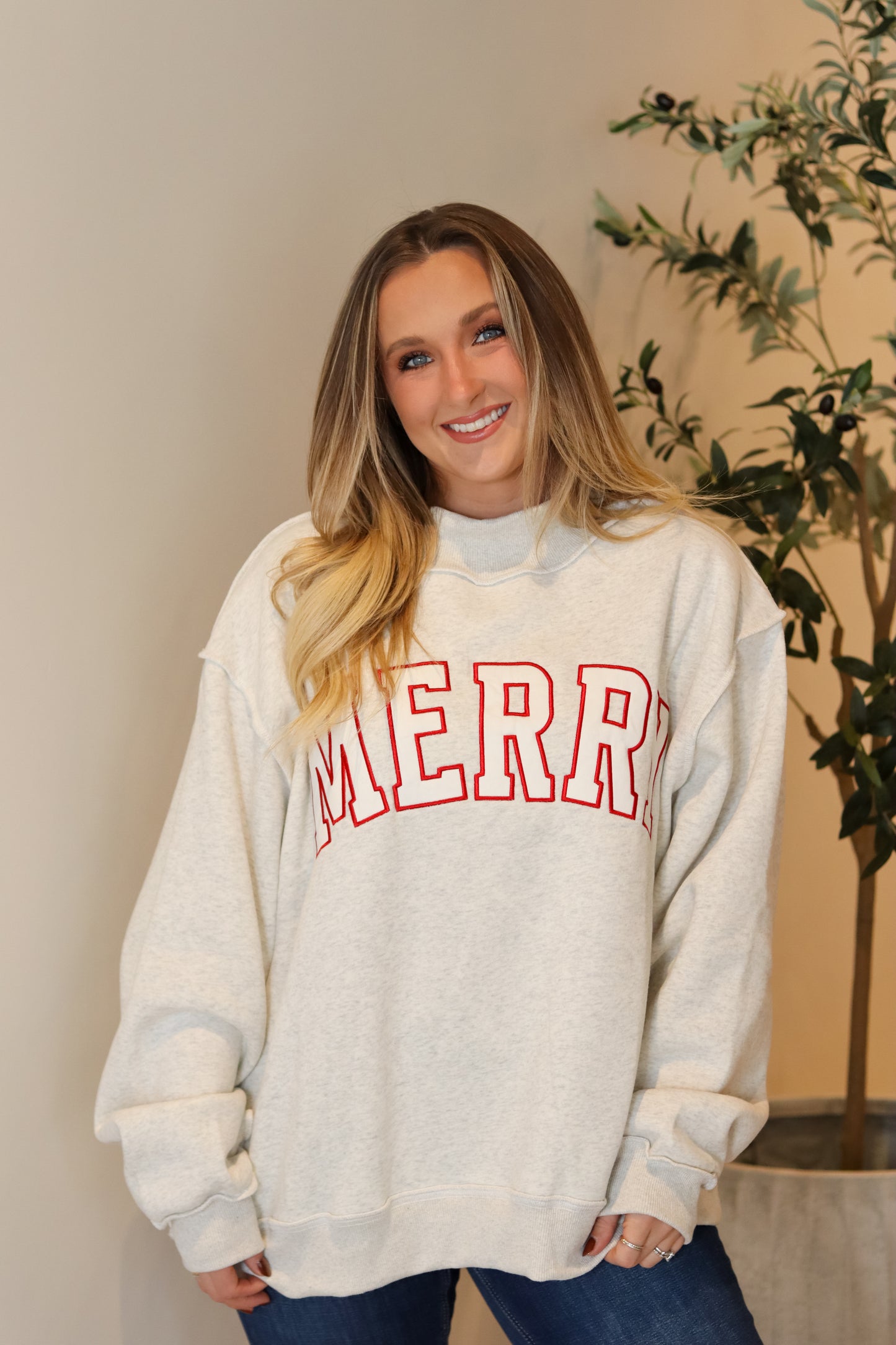 'MERRY' Embroidered Mock Neck Sweatshirt