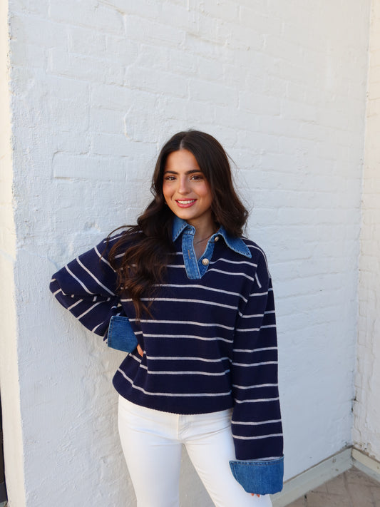 Londyn Denim Collared Sweater (Striped)