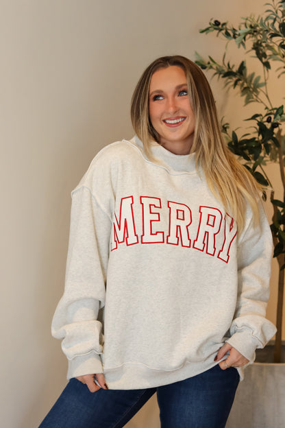 'MERRY' Embroidered Mock Neck Sweatshirt
