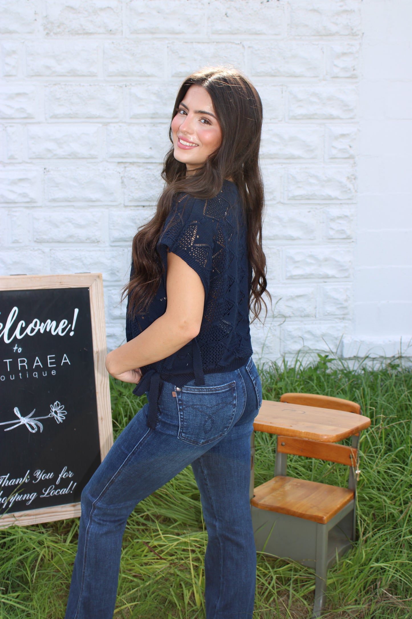 Louisa Crochet Sweater - Navy