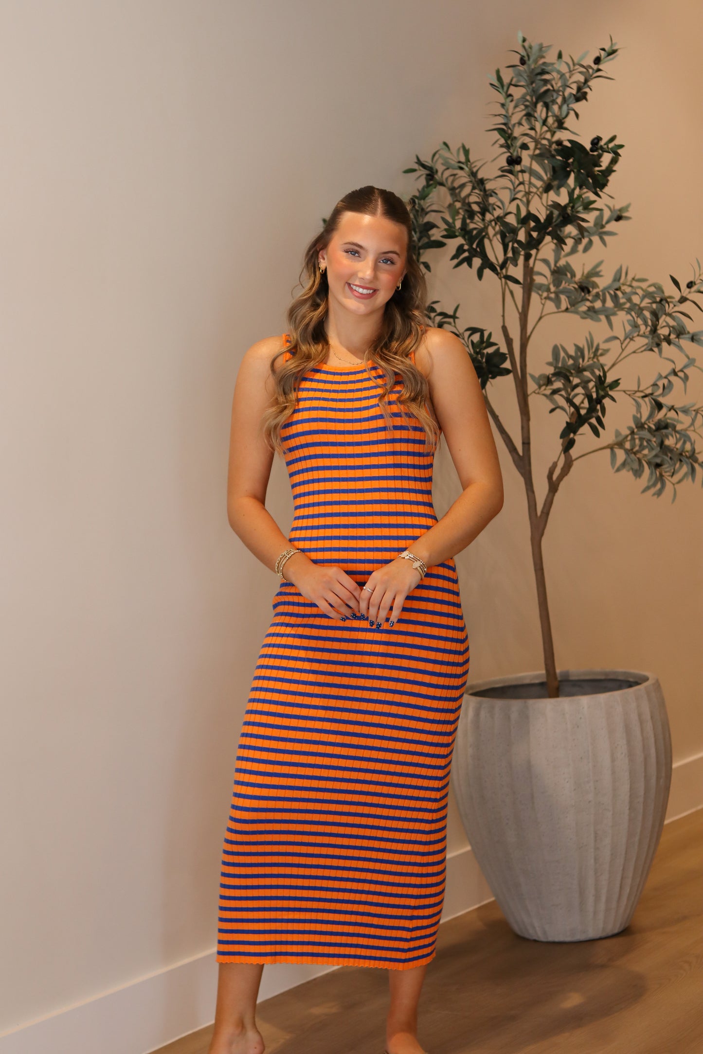 First Down Midi Dress - Orange & Blue