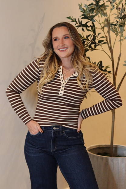 Henley Stripe Knit Top - Chocolate