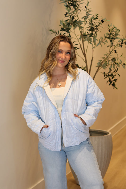 Oxford Striped Quilted Jacket - Light Blue