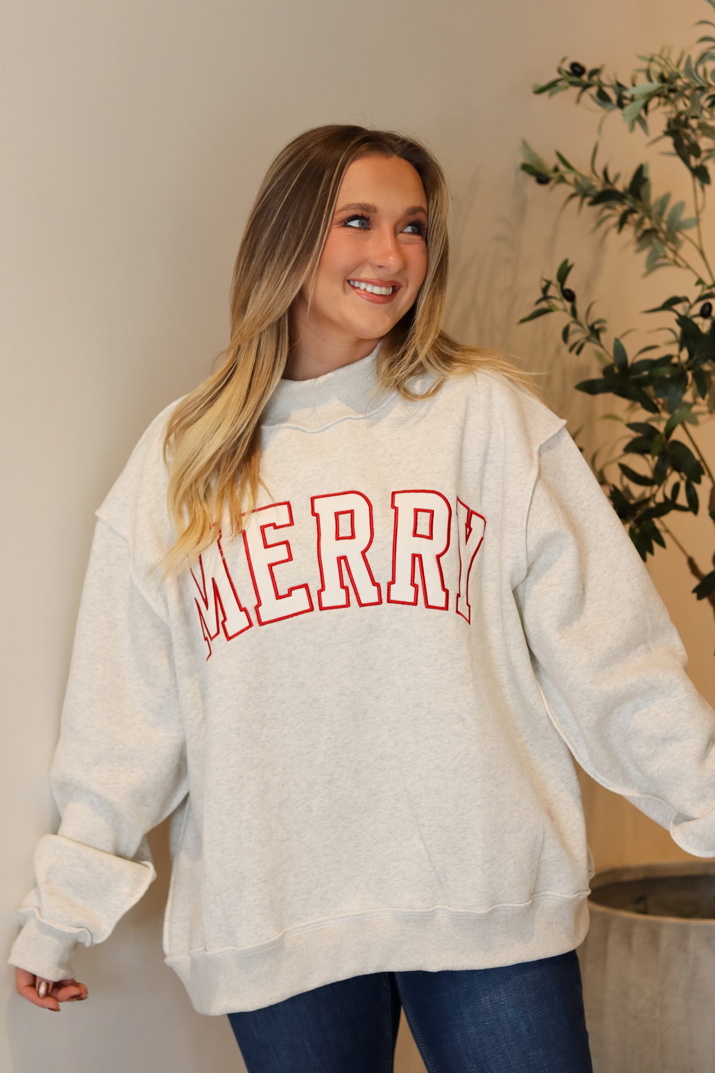 'MERRY' Embroidered Mock Neck Sweatshirt