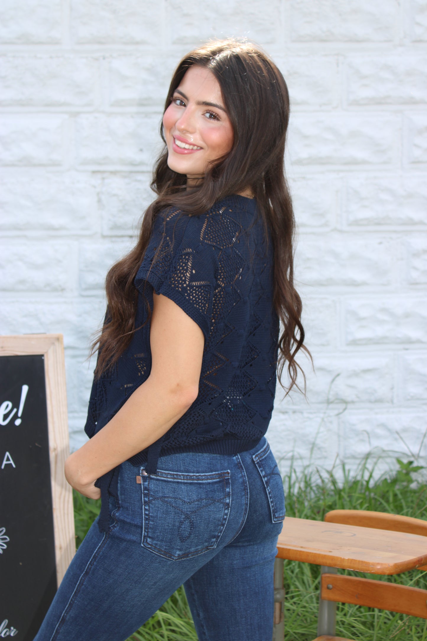 Louisa Crochet Sweater - Navy
