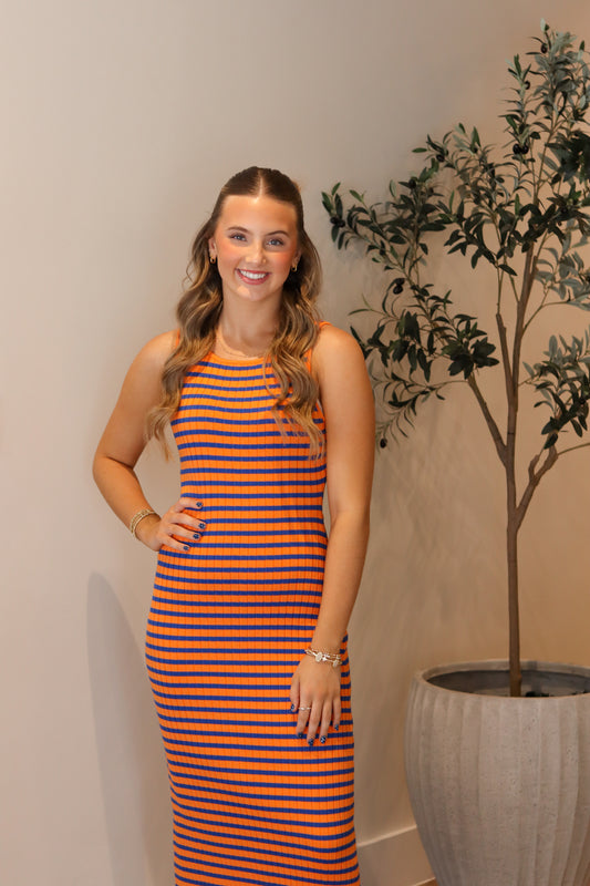 First Down Midi Dress - Orange & Blue
