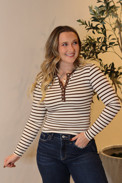 Henley Stripe Knit Top - Cream