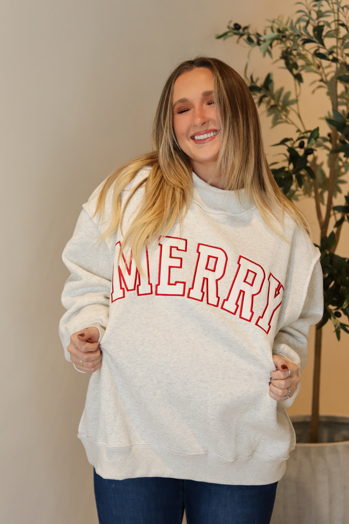 'MERRY' Embroidered Mock Neck Sweatshirt