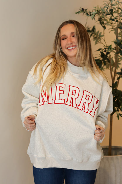 'MERRY' Embroidered Mock Neck Sweatshirt
