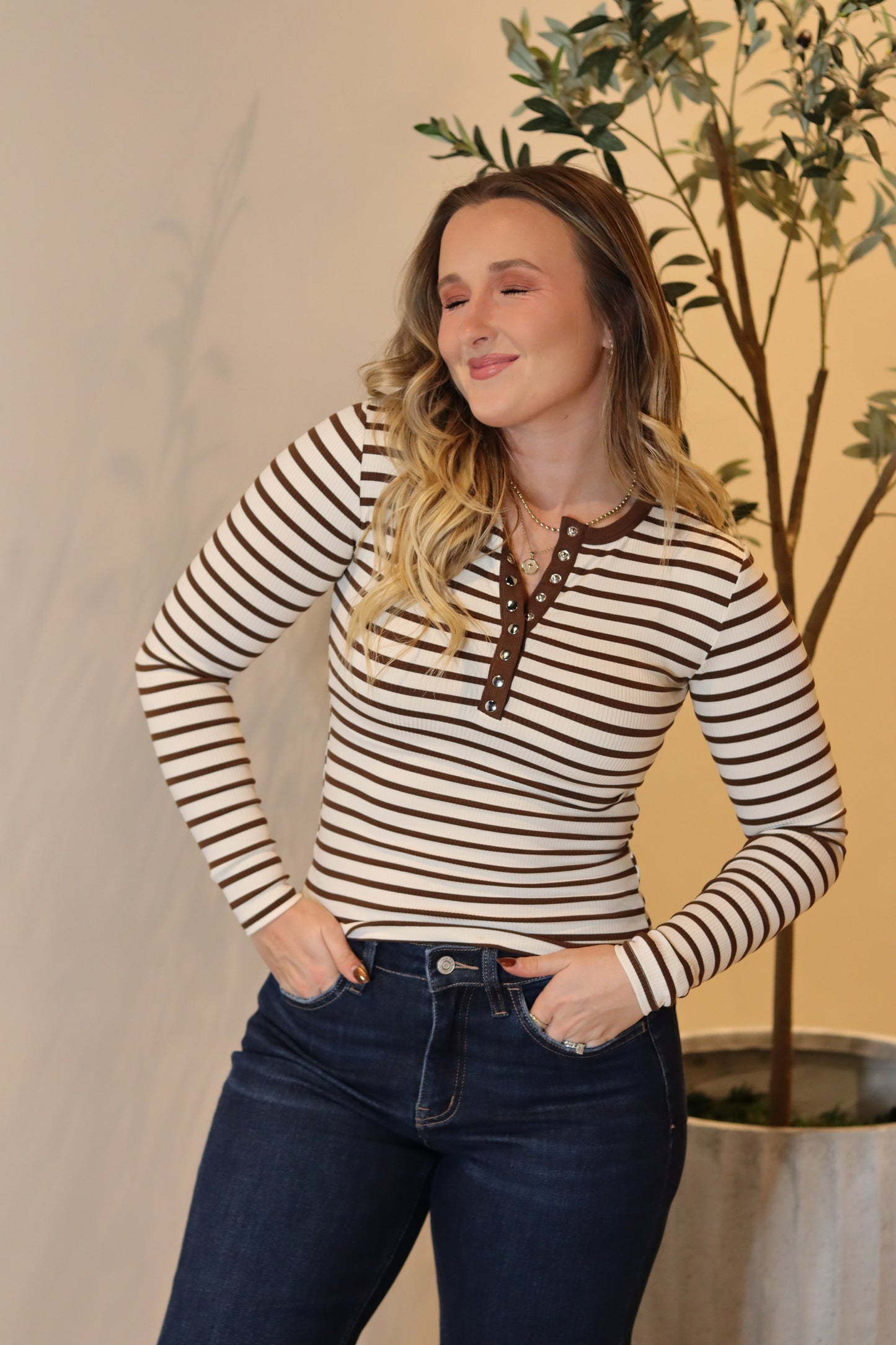 Henley Stripe Knit Top - Cream