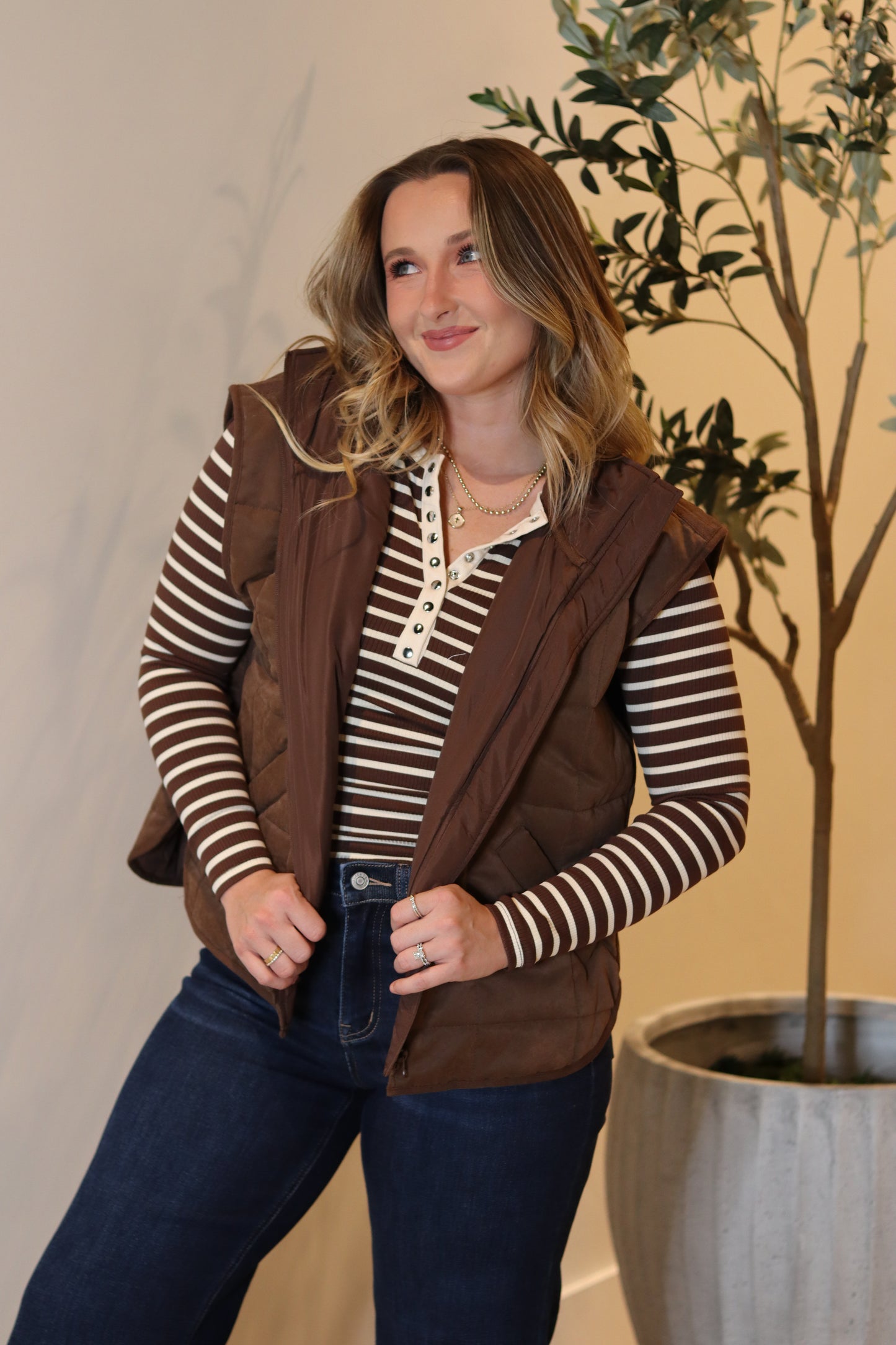 Henley Stripe Knit Top - Chocolate