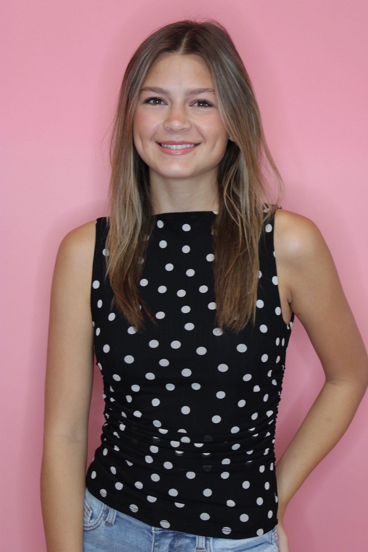 Sloane Polka Dot Mesh Top - Black